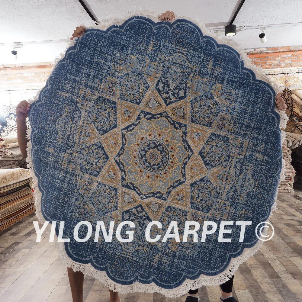 

YILONG 5'x5' Modern wool carpet round lace blue color handknotted wool pile rug (CQG66S5x5)