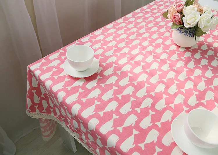 Розовая хлопковая льняная скатерть на заказ с принтом Кита кружевной отделкой