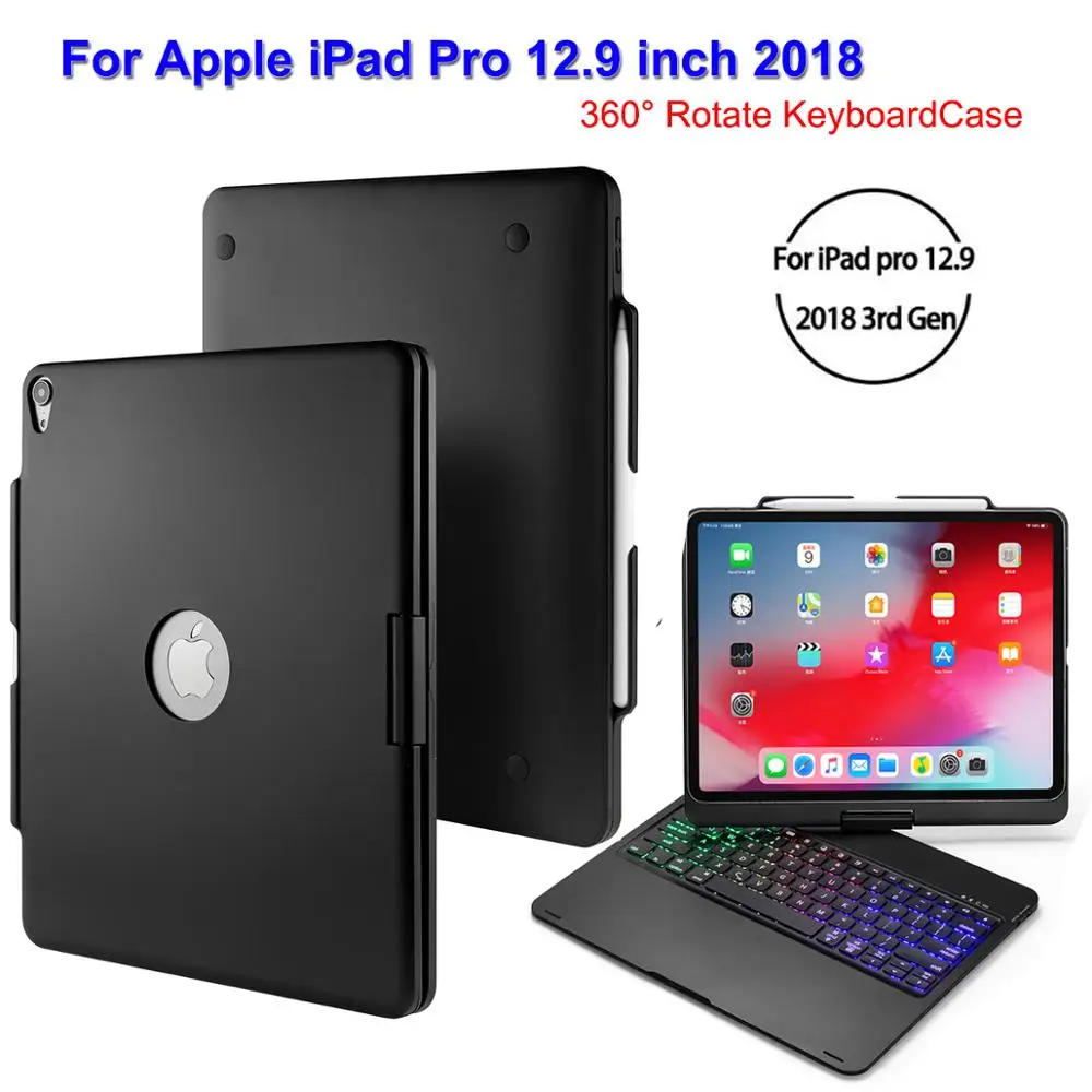 Для iPad Pro 12,9 вращающийся на английском языке Bluetooth клавиатура чехол 7 цветов подсветка клавиатуры с кожаный жесткий чехол для планшета