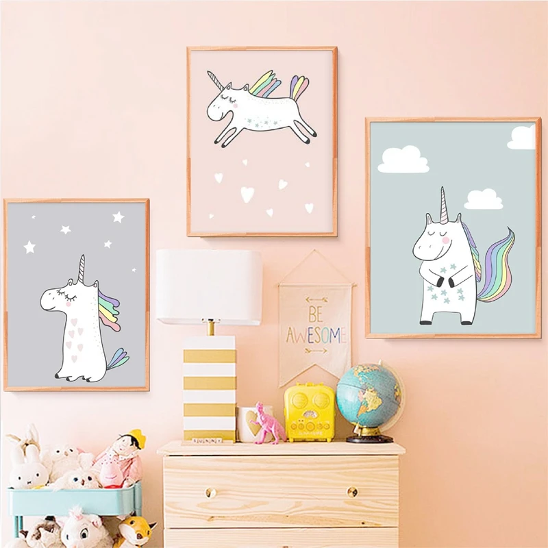 Единорог Холст плакат для девочек Детская Wall Art печати северных мультфильм