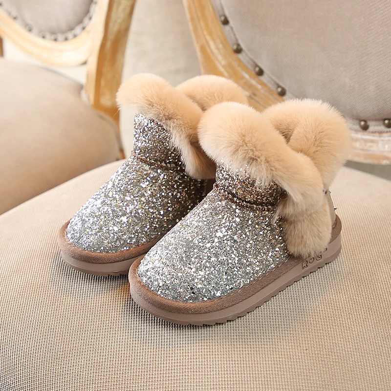 Зимние Бархатные теплые ботинки с кроличьим мехом и блестками для маленьких