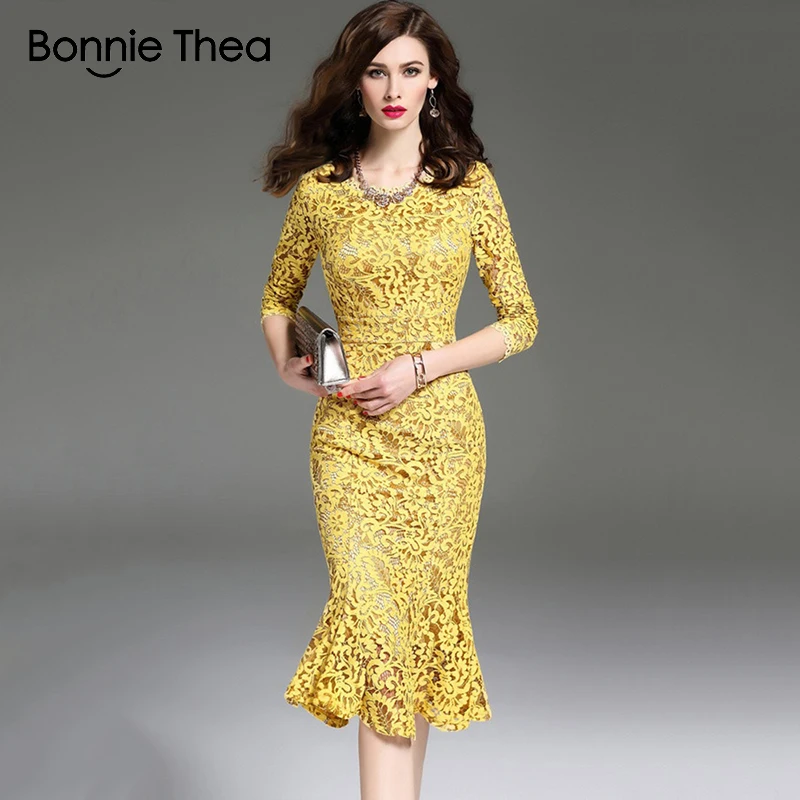 Bonnie Thea, Осеннее женское кружевное платье, женское желтое платье миди с длинным рукавом, vestido, элегантные вечерние платья для девушек, женская одежда