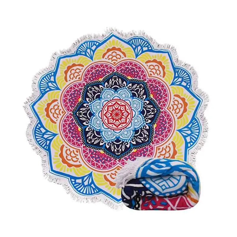 Женское пляжное полотенце с рисунком мандалы голубое из микрофибры 150 см лето 2019|