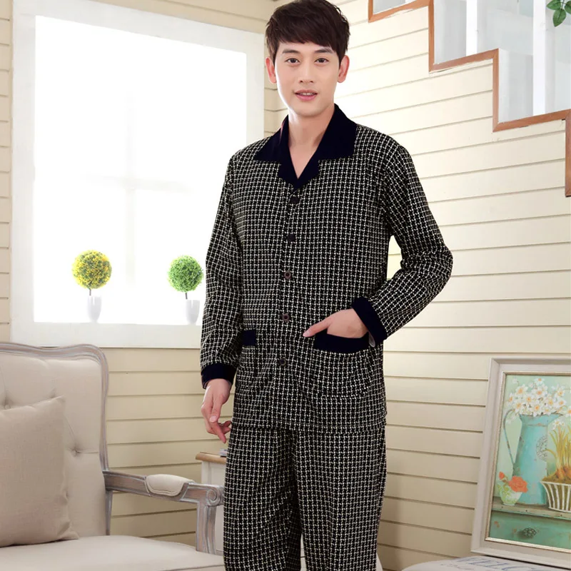 2016 Осенние мужские пижамы трикотажные хлопковые пижамные комплекты с длинным