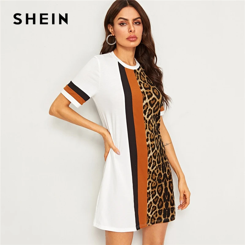 SHEIN летнее платье-туника с цветными блоками и леопардовым принтом, женское платье с коротким рукавом и круглым вырезом,, прямые свободные Короткие повседневные платья