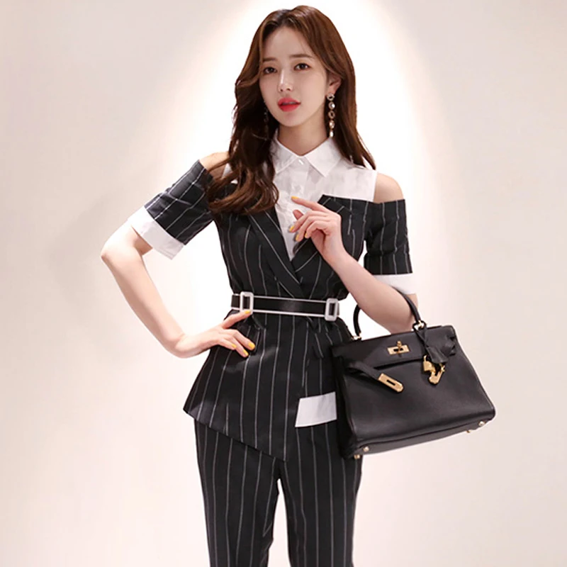 Офисный женский полосатый комплект из 2 предметов женские Лоскутные Топы с