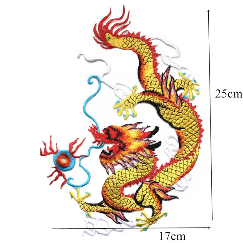 25 см вышитые нашивки Золотой летающий дракон играет синий жемчуг Пришивные