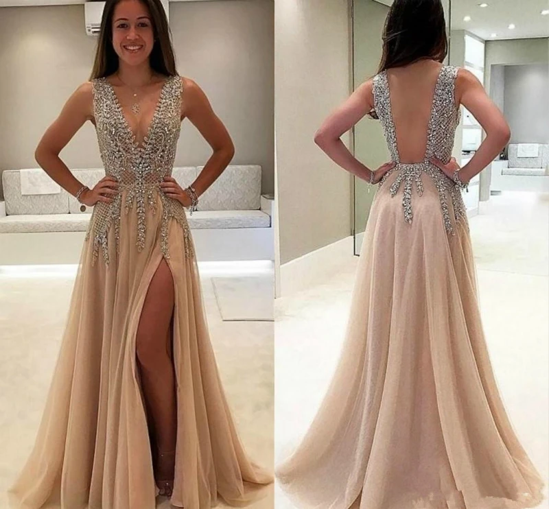 Женское вечернее платье с блестками SSYFashion роскошное длинное цвета шампанского