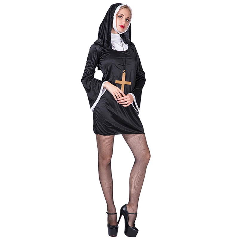 Nun Eraspooky, черный сексуальный костюм монашки для косплея, хеллоуин, костюм для взрослых, распутная монашка, женский халат для церкви, отца, Одинаковая одежда для пар - Цвет: Nun