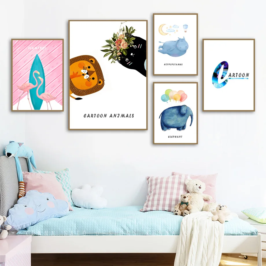 

Wall Art Canvas Painting Lion Flamingo Elephant Hippo Cartoon Animal Nordic Posters And Prints Wall Pictures For Kids Room Decor