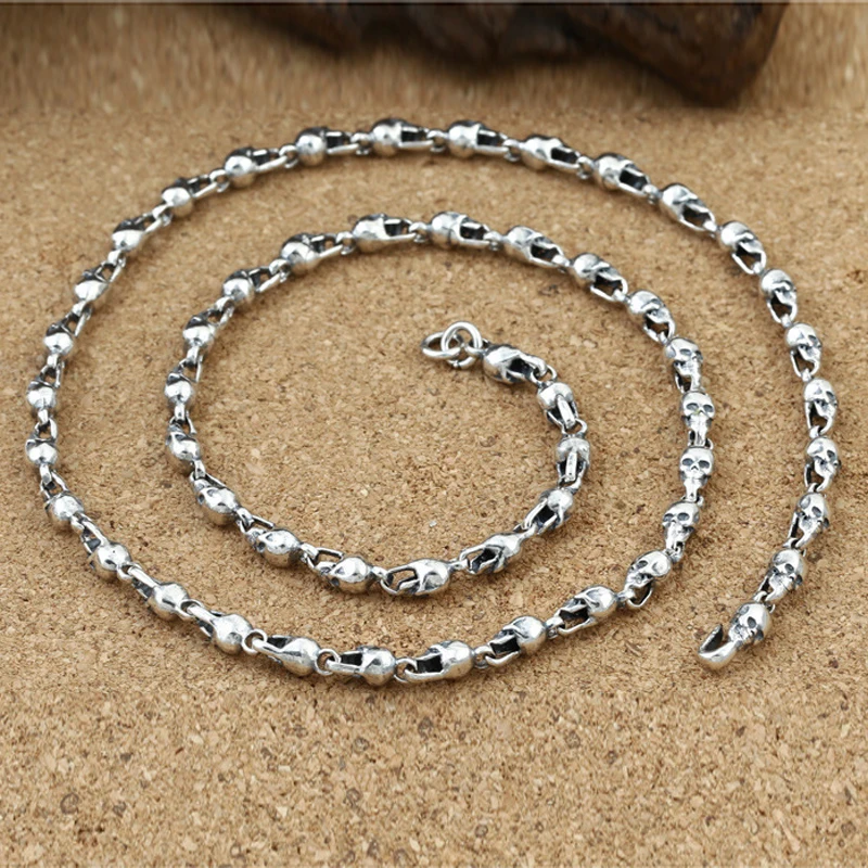 

100% 925 Sterling Silver Mens Skull Link Chains S925 Silver 4.5MM Gothic Punk Chain Men Necklace Thai Silver Men Hip hop Jewelry