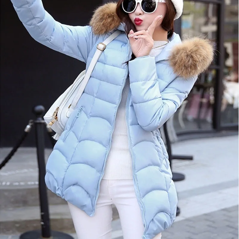 Женская зимняя парка корейская мода слим с капюшоном пуховик большой меховой