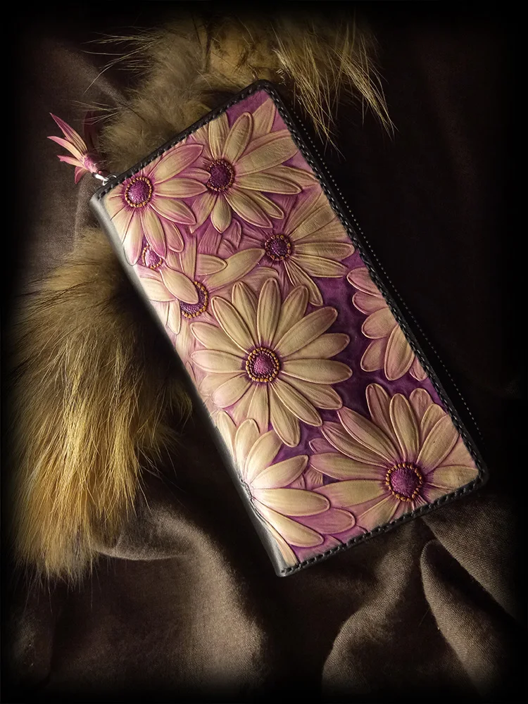 

Handmade Daisies Wallets Original Design Carving Flower Purses Women Long Clutch Vegetable Tanned Leather Wallet