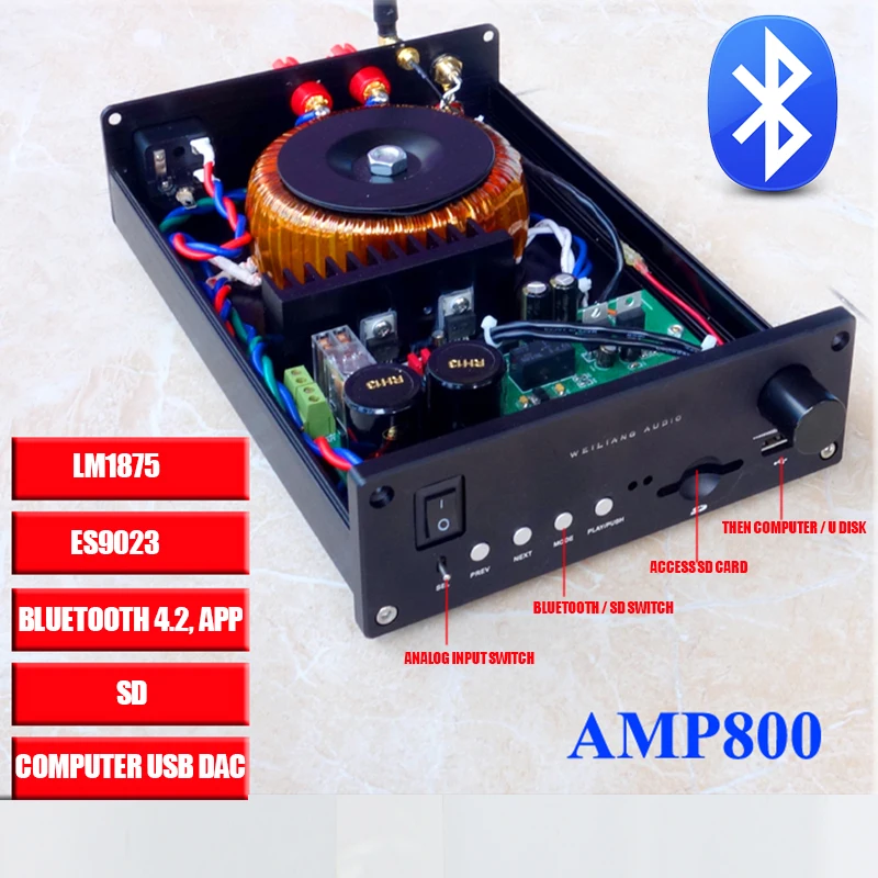

AMP800 CSS ES9023 LM1875 USB DAC audio Amplifier Bluetooth 4.2 SD Analog Input 30w*2