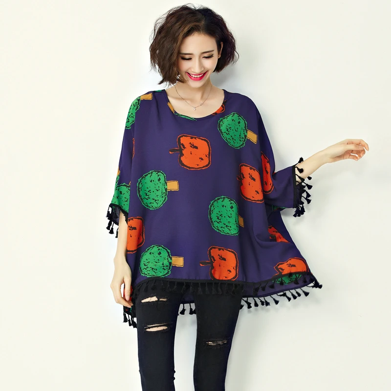 Шифон С Коротким Рукавом Блузка Женская Batwing Кисточкой Печатных Blusas Мухерес