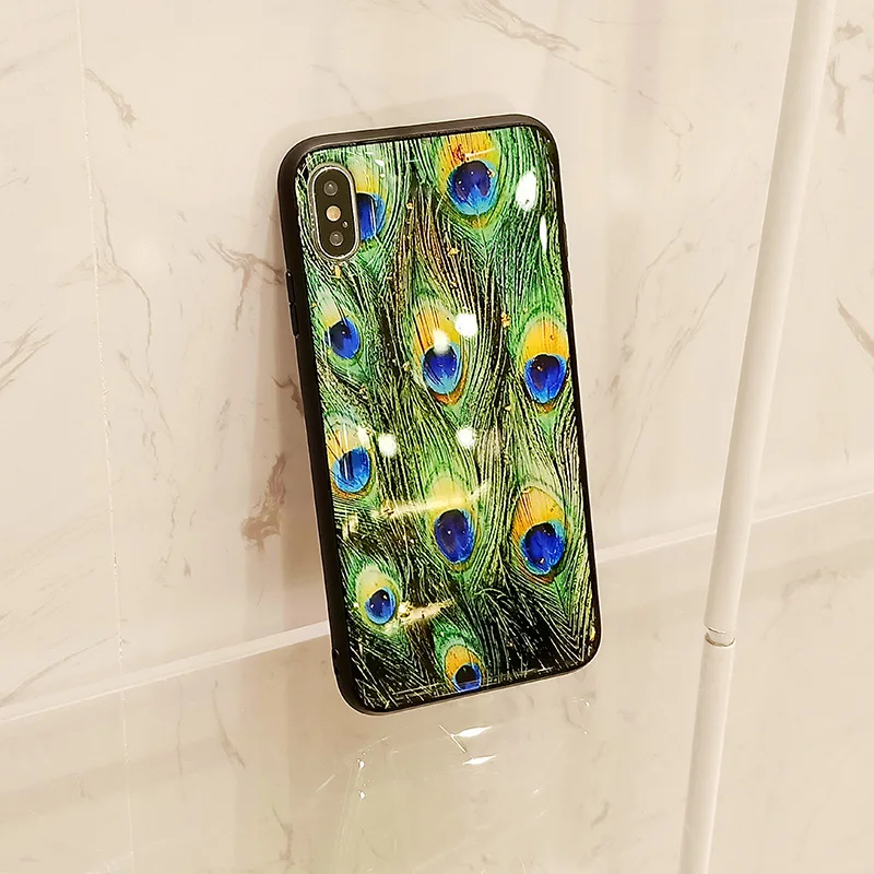 Luxury Peacock Feather Case for iPhone X XS Max XR Glossy Hard Capa Fundas 8 7 6 6S Plus Glitter Cover For Girls |