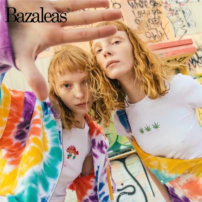 Bazaleas Harajuku панк топы Грибная вышивка тонкая футболка укороченный топ Базовая