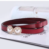 women genuine leather belt adjustable skinny waist belt with pearls metal buckle for female dress pants strap designer belts