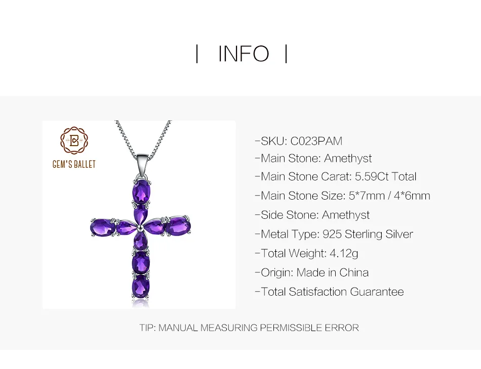 GEM'S балетные 925 пробы серебряные ювелирные изделия 5.59Ct натуральный аметистовый драгоченный камень крест кулон ожерелье для женщин