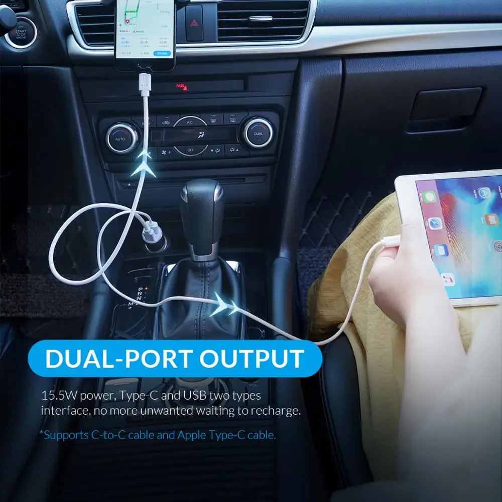Автомобильное зарядное устройство ORICO два порта Type C + USB A порт для Huawei P30 Pro Xiaomi Mi9