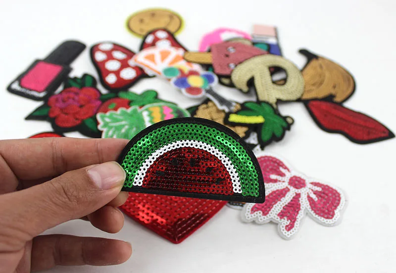 

24pcs /lot mixed fruit lips sequin patches hot iron on Embroidery clothes patches for girls DIY clothing accessories