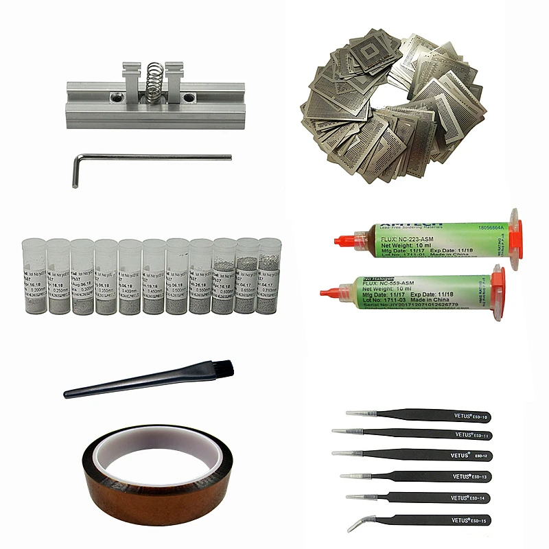 

69pcs/lot BGA Reballing Kit Directly Heating Stencils Fixtures Rework Station 11pcs 25K Solder Ball Flux Tweezers