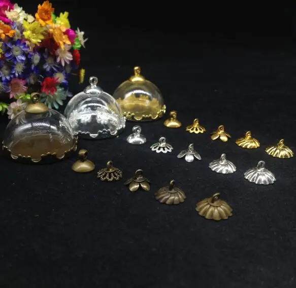 

50pcs 25mm clear hemisphere glass vial pendant with flower tray beads cap glass wishing round bottle diy glass cover dome globe