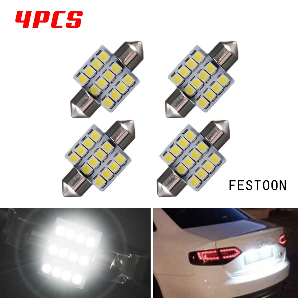 4 X чистый белый 31 мм 12SMD гирлянда 12 SMD чипы 3528 светодиодный лампочка C5W C10W