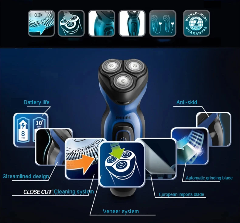 Новинка, Электробритва Philips YQ6008 с тройным лезвием, вращающаяся, перезаряжаемая, 100-240 В, для лица, бороды, для мужчин, электрическая бритва