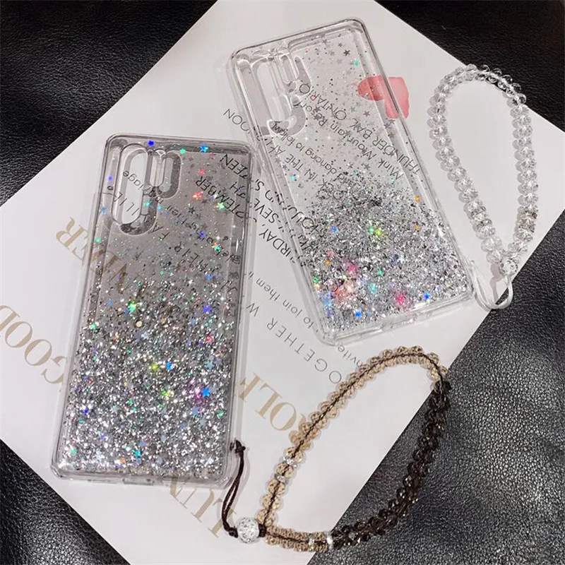 Sequins Glitter Bling Phone Case For Huawei P30 Pro P20 Lite Mate 20 10 Honor 9 Soft Clear Cases With Pearl Lanyard |