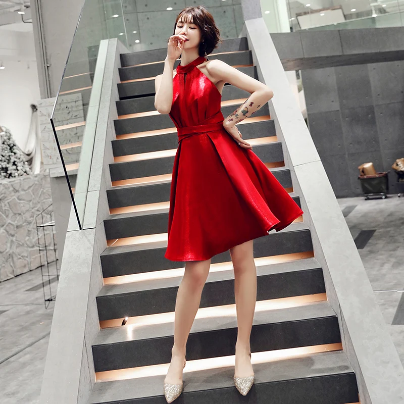 Бургундия Холтер платье Qipao женское Атласное Вечернее платье Короткое Сексуальное Тонкое ТРАПЕЦИЕВИДНОЕ ПЛАТЬЕ с лентой китайские платья