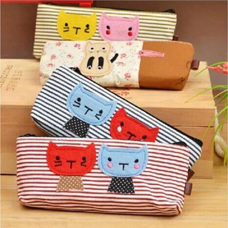 1 шт. парусиновый пенал с милым котом чехол Полосатый для карандашей сумка