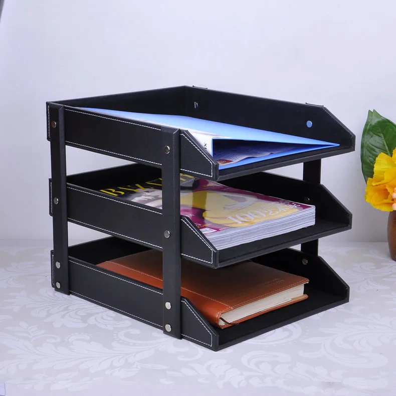 3-layer detachable office wooden PU leather desktop filing documents tray storage box organizer magazine rack trays stand self