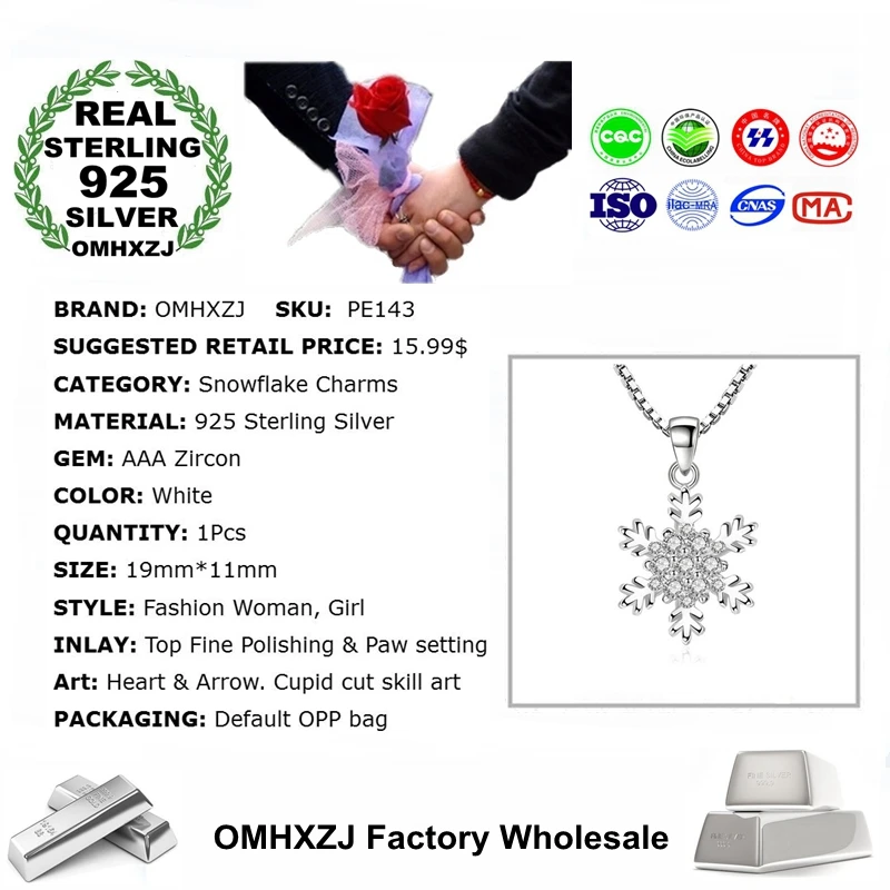 OMHXZJ Wholesale Fashion Snowflake Woman Christmas Gift White Zircon 925 Sterling Silver Pendant Charms PE143 NO Chain Necklace | Украшения