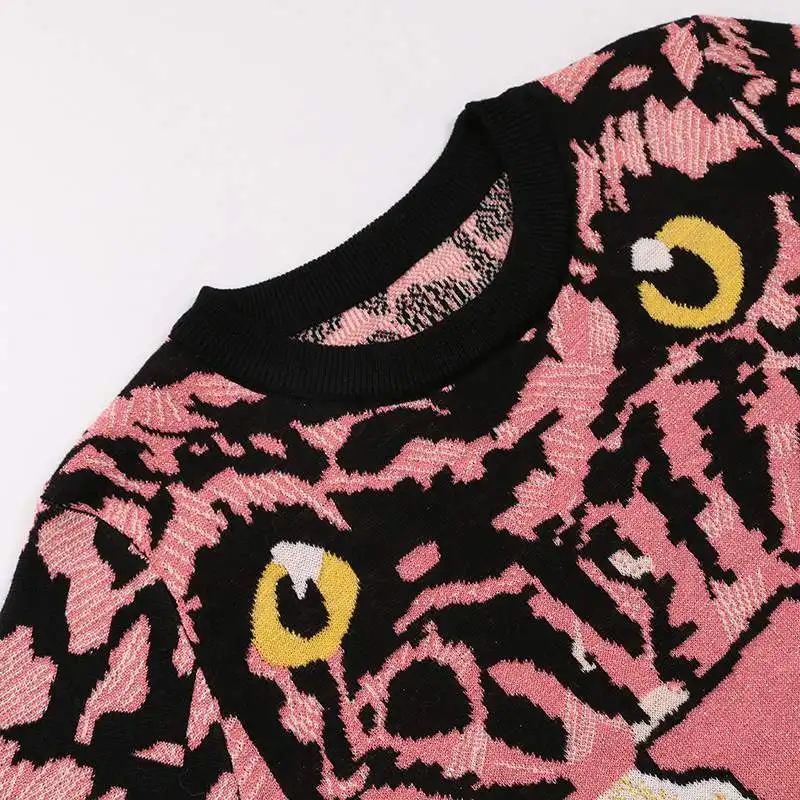 JOYDU 2018 Runway Winter Sweater Women Long Sleeve O-neck Leopard Tiger Head Pattern Vintage Knitted Jumper Casual sueter mujer | Женская