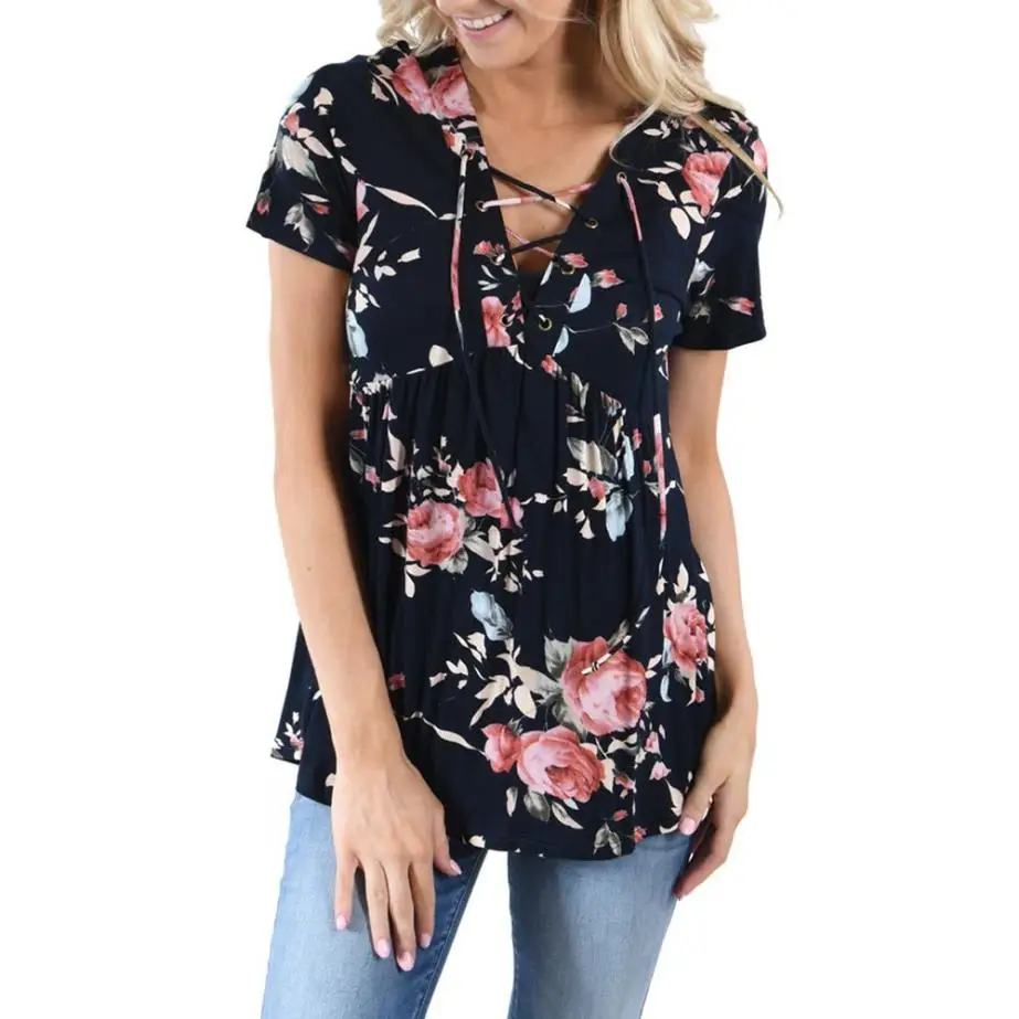 

Fashion Blouse Summer Sexy Short Sleeve Bandage Loose Floral Printed Blouse V-Neck Polyester Women Blouse Tops Fashion