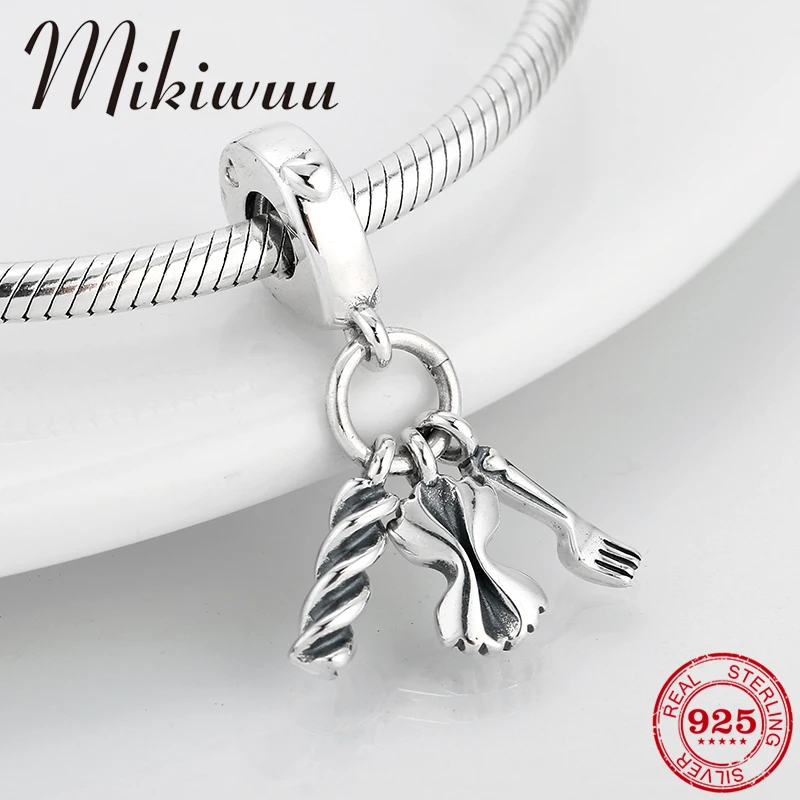 Real 925 Sterling Silver Cooking Spaghetti fine Pendants Beads Fit Original Pandora Charm Bracelet Bangles Jewelry making