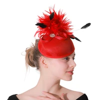 women vintage red fascinator hairpins ladies hats formal weddings church imitation linen fedora caps with veil hair accessories