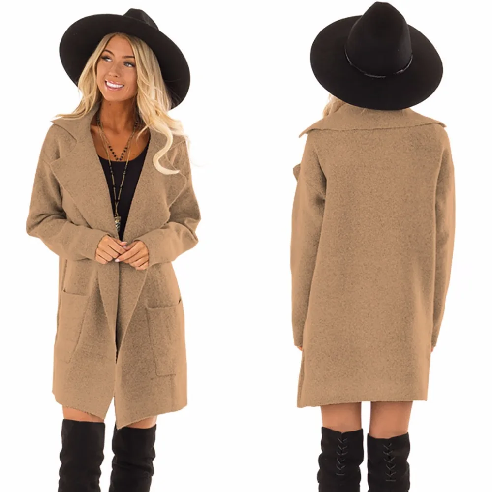 Женское шерстяное пальто с длинным рукавом и отложным воротником верхняя одежда