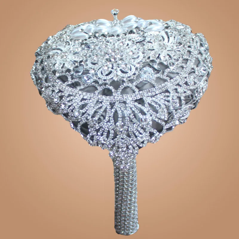 

Luxury Handmade Diameter 18CM Heart-shaped Wedding Bouquet Silver Plated Rhinestone Brooches Jewelry Bridal Wedding Hand Flower
