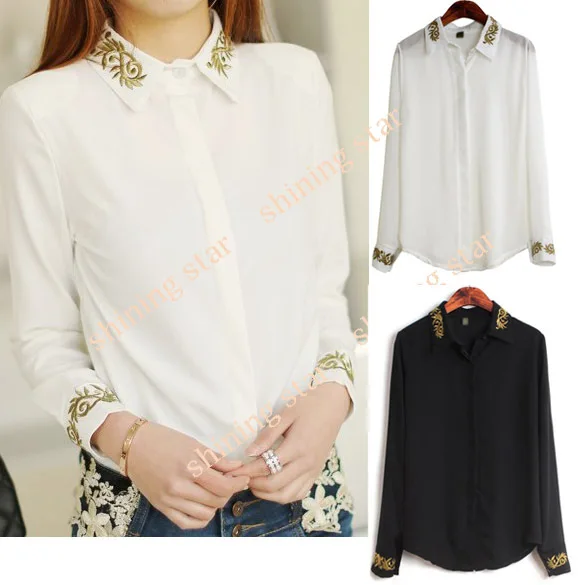 women's Long Sleeve Shirt Gold Thread Embroidery Lapel Collar Chiffon Shirts  Blouse Tops Black / White S13241 | АлиЭкспресс