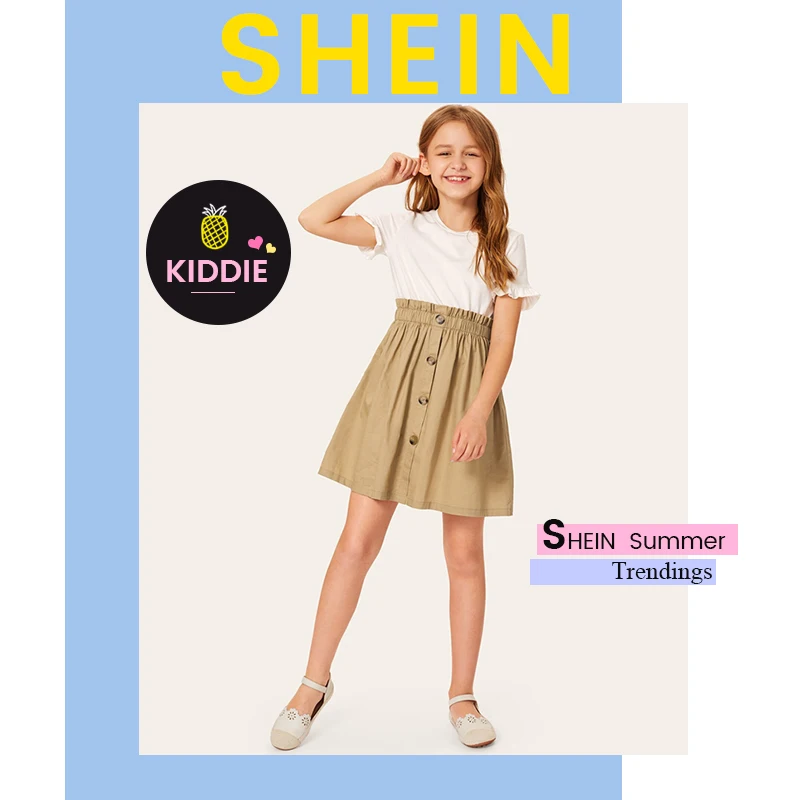 SHEIN/детское Повседневное платье для девочек с двумя пуговицами и рюшами спереди; коллекция года; летнее короткое расклешенное платье с рукавами-воланами и цветными блоками