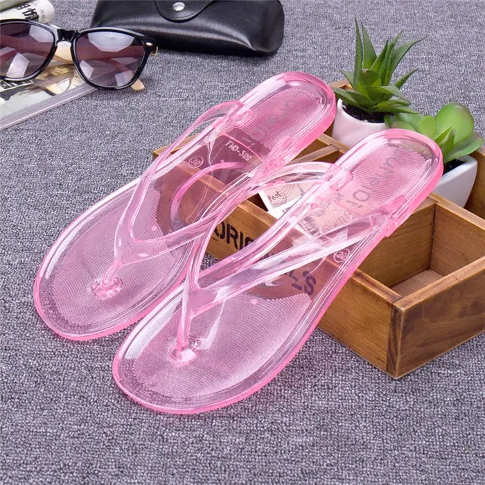 Transparent pink Женские Летние вьетнамки; шлепанцы; женская прозрачная обувь на плоской подошве; женская модная пляжная обувь с ремешками - Цвет: Transparent pink
