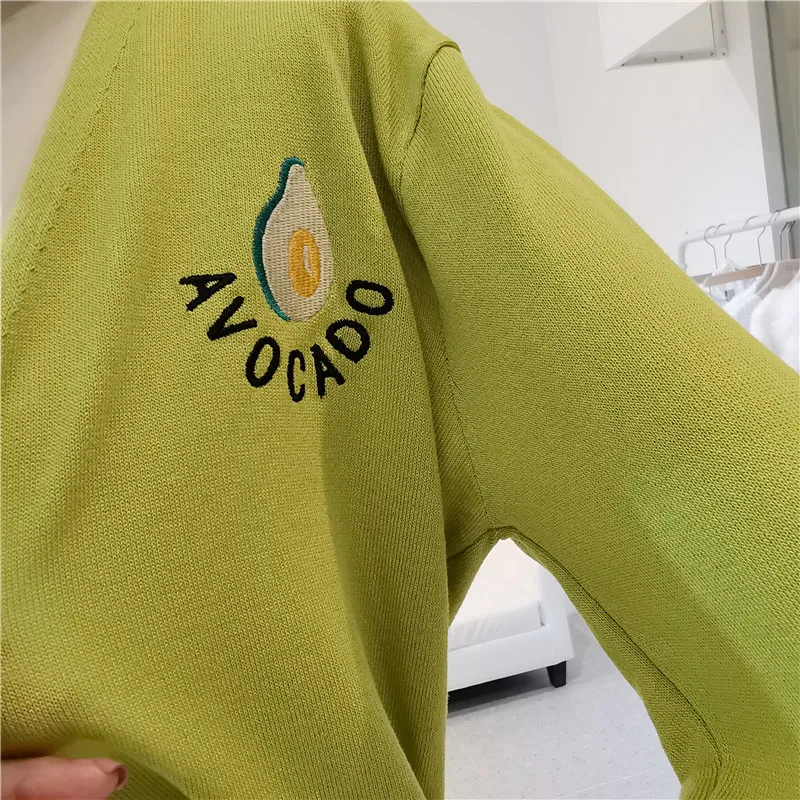 

Korean Style Women Cardigan Spring 2020 Kawaii Avocado Embroidery V Neck Knitted Sweater Jacket Knitwear Green Black T314