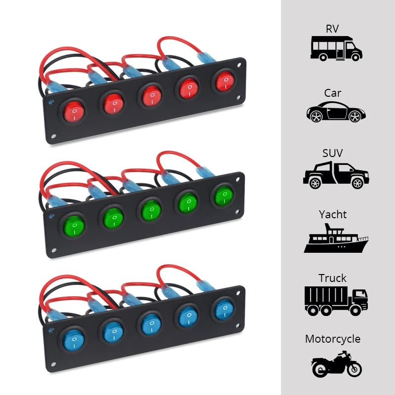 

DC 12V-24V 5 Gang ON-Off Button Toggle Rocker Switch Panel Waterproof Circuit Breakers Marine Boat LED Switch Panel Car 12v