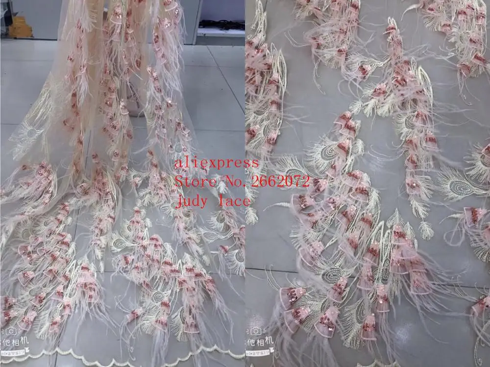 

5yards/bag 7 color embroidery sequined bead fringe ostrich feather european-style fabric used for wedding dress design GY79