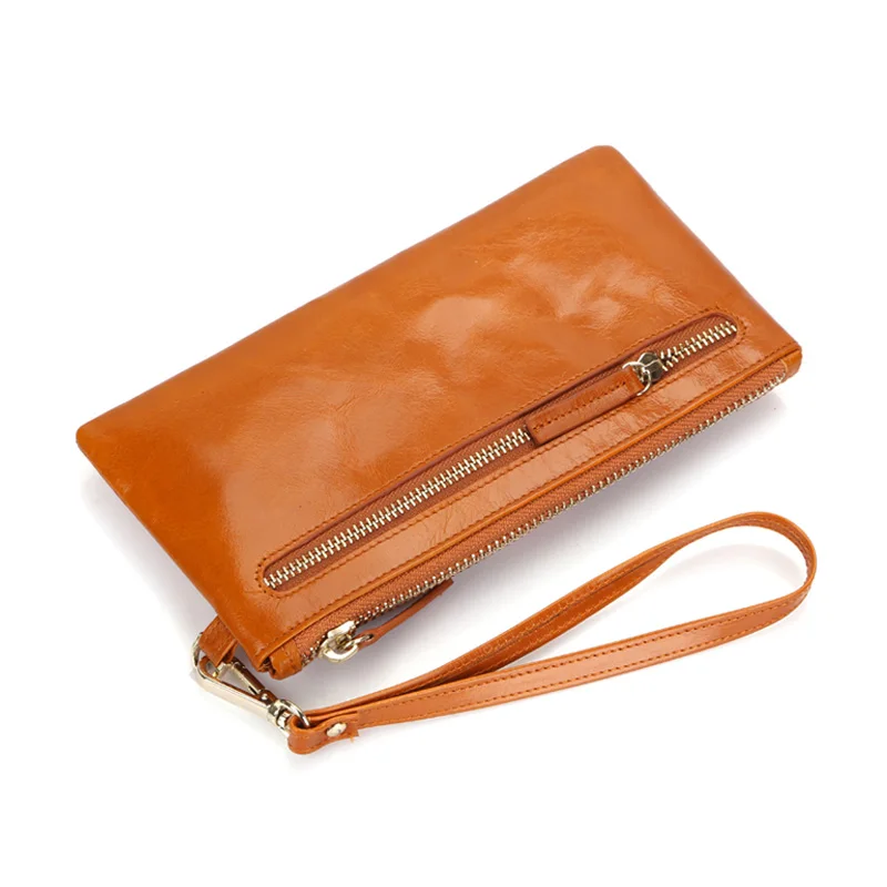 Best Quality! Women Oil Wax Genuine Cowhide Leather Long Zipper Wallet Lady Fashion Clutch Purse Bag With Strap 7 colors 2153|long zipper