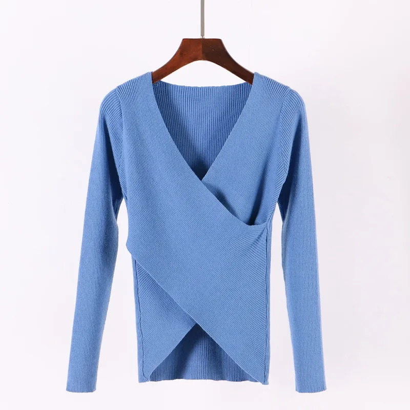 Blue 1202 ONLYSVTER Sexy V Neck Wrap Women Pullover Sweaters Autumn Winter Long Sleeve Soft Casual Jumper Ribbed Knitted Pull Top Femme - Цвет: Blue 1202