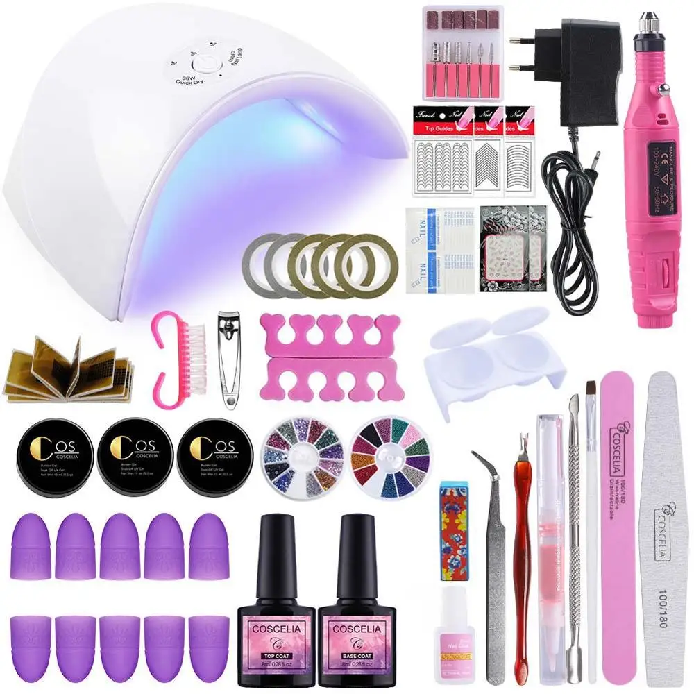 NO nail polish kit COSCELIA 54 Вт УФ светодиодный маникюрный набор с лампой 6/12 цветов набор гель-лаков для ногтей верхнее Базовое покрытие Маникюрный Инструмент акриловый набор для ногтей - Цвет: NO nail polish kit