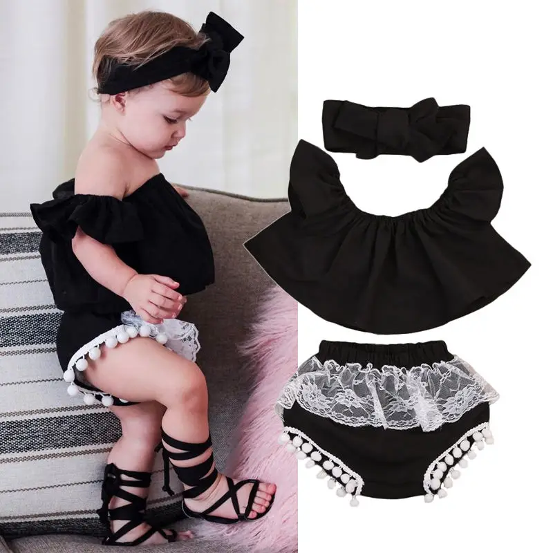 3 шт./компл. топ с оборками и открытыми плечами для маленьких девочек + кружевные